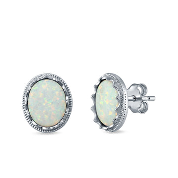 Oval Stud Earrings Lab Created White Opal 925 Sterling Silver (12mm)